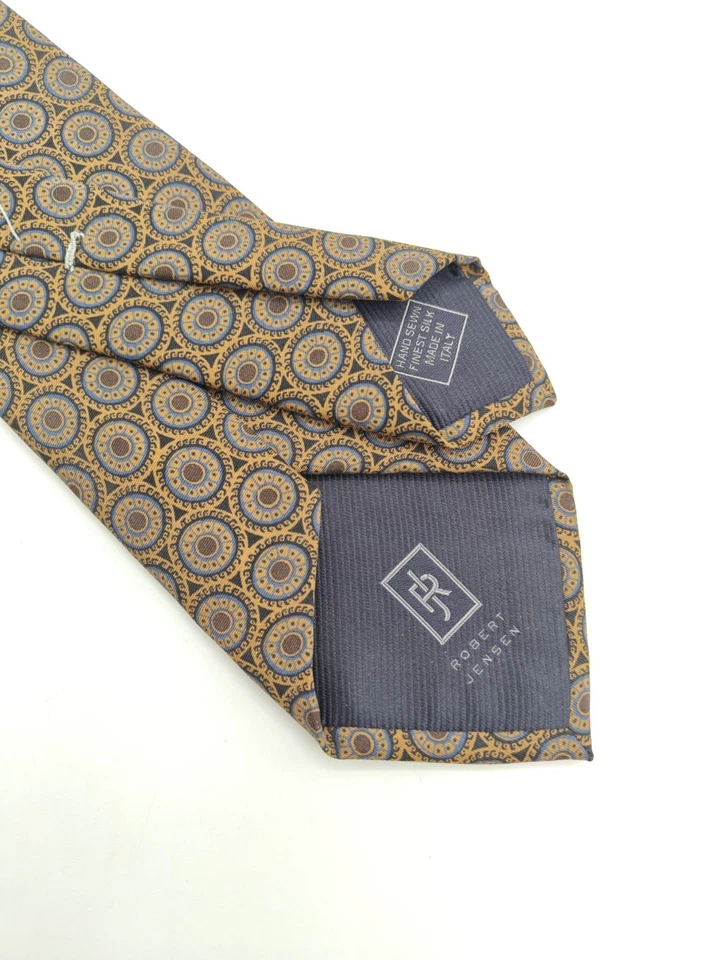 🇮🇹 Robert Jensen 男式棕色几何丝绸领带手工制作意大利 59x3.25 — 第 2/4 张图片