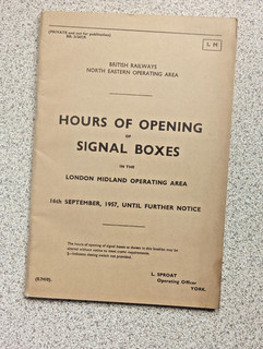 BRITISH RAILWAYS OPERATING DOCUMENT FROM 1957. Signal box opening hours.