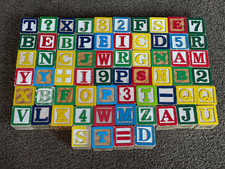 Vtg Wooden Letter ABC Blocks Lot of 64 numbers pictures Wood Crafts Decor play