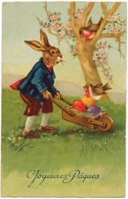 Fritz Baumgarten Easter Fantasy - Dressed Boy Rabbit w Egg Cart & Bird Friends