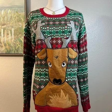 33 Degrees Reindeer Christmas Sweater • Pocket Face • Ugly Xmas Sweater • Size S