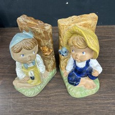 Vintage ENESCO Country Boy  Girl Bookends Ceramic Set Farmer Children