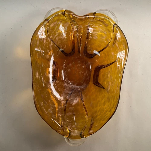 Murano Art Glass Amber with Copper Adventurine Pear Shaped Bowl - Large Vintage