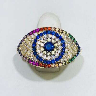 Gelbgold Sterling Silber Regenbogen Saphir Böses Auge Stein Band Halo Ring