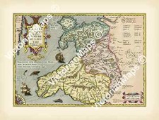Antique old map of Wales Cambriae Typus Mercator, Hondius 1606 art print poster 