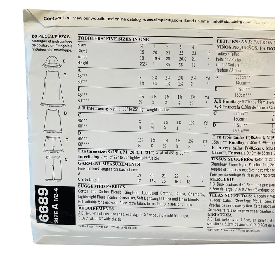 New Look Sewing Pattern 6689 Top Pants Hat Shorts Toddler Girls Size 1/2-4 - Image 2 of 2