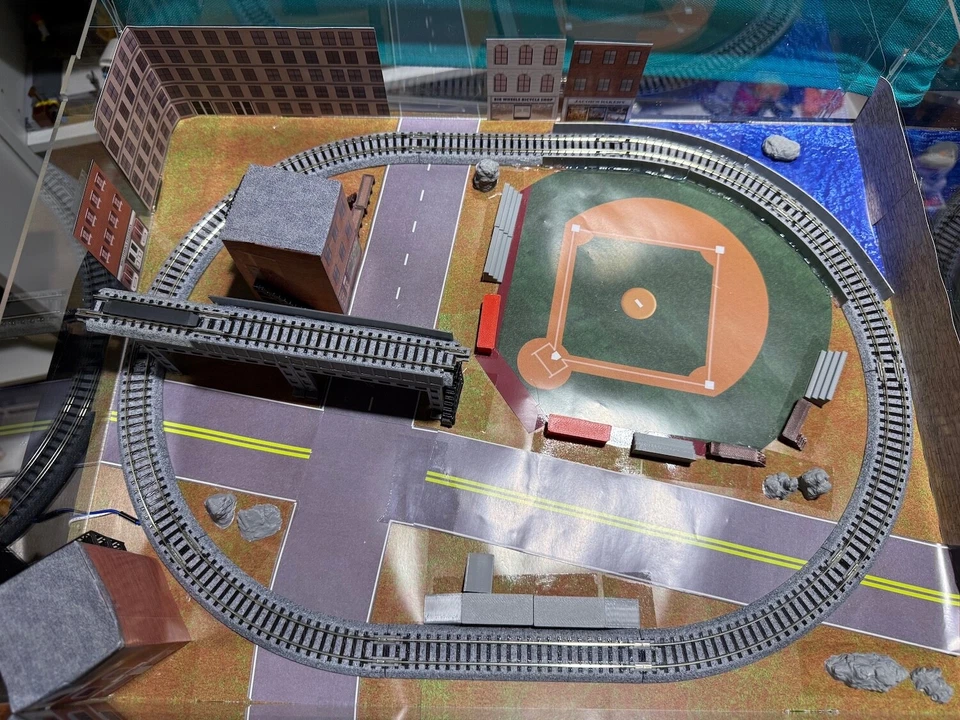 Complete N Scale Layout in Acrylic Case w/ Baseball Field Downtown Water Feature - Image 3 of 4
