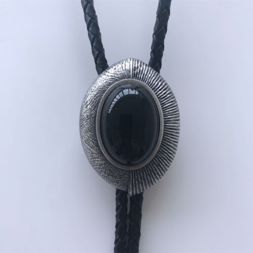 Vintage Silver Black Obsidian Stone Eye Shape Bolo Tie - Afbeelding 1 van 8
