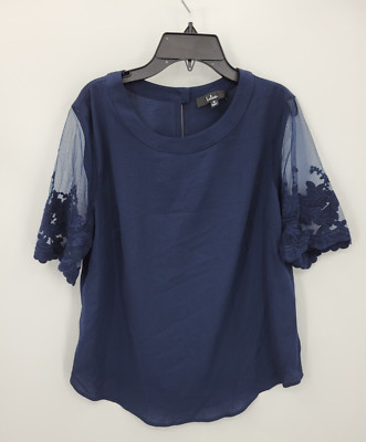 Lulus Top Womens Medium Blue Sheer Embroidered Bell Sleeve Boho Romantic Blouse