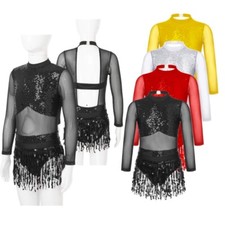 Kids Girls Dancewear Ballet Latin Lyrical Jazz Dance Dress Long Sleeve Ballroom