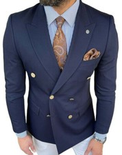 Designer Blau Zweireiher Doppelreiher Sakko Goldene Knöpfe Tailliert Slim Fit 54