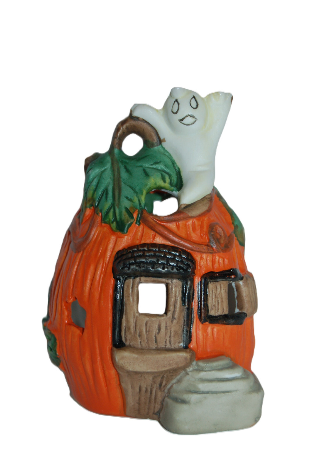 VINTAGE 4.5”x3.5” HALLOWEEN TEA LIGHT CANDLE HOLDER PUMPKIN HOUSE WITH GHOST