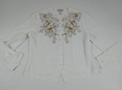 Kathy Che Blouse Ivory With Embroidery Covered Buttons Size 10 Long Sleeve (300)