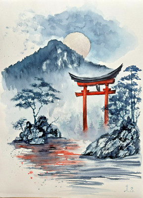 Tory Japanees Watercolor Paintings Original Mountains Moone Wall Decor Art Gifts