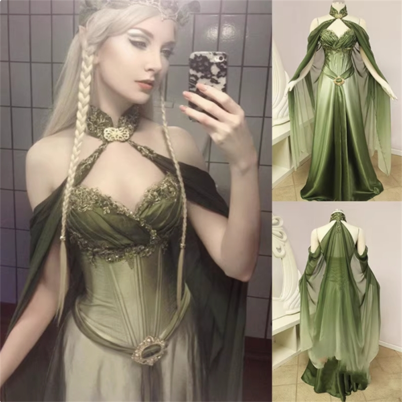 Medieval Renaissance Costume Elf Style Green Dress with Sleeves Cosplay  Costume