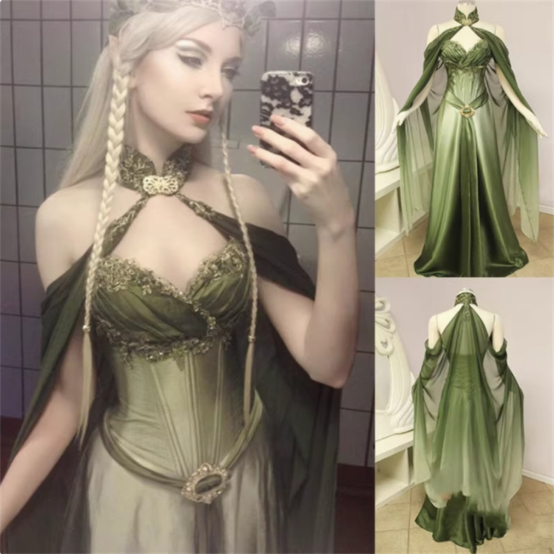 Disfraz Medieval Renacimiento Estilo Elfo Vestido Verde con Mangas Disfraz Juegos con disfraces