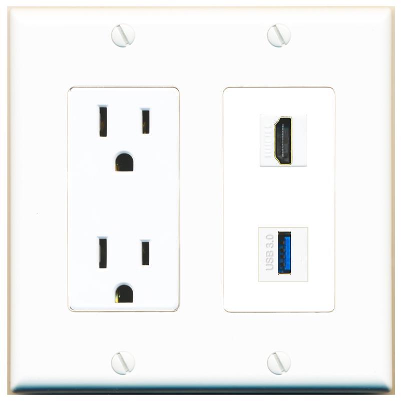RiteAV Power Outlet and HD USB-3 Wall Plate Decorative [White]
