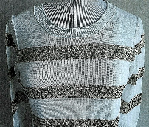 MAGLIONE J CREW taglia media 10 bianco marrone righe paillettes manica lunga girocollo - Foto 2 di 4
