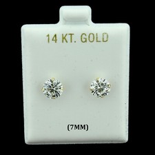 14K Real Solid Gold 7mm Solitaire Round CZ Stud Earrings, Men Women