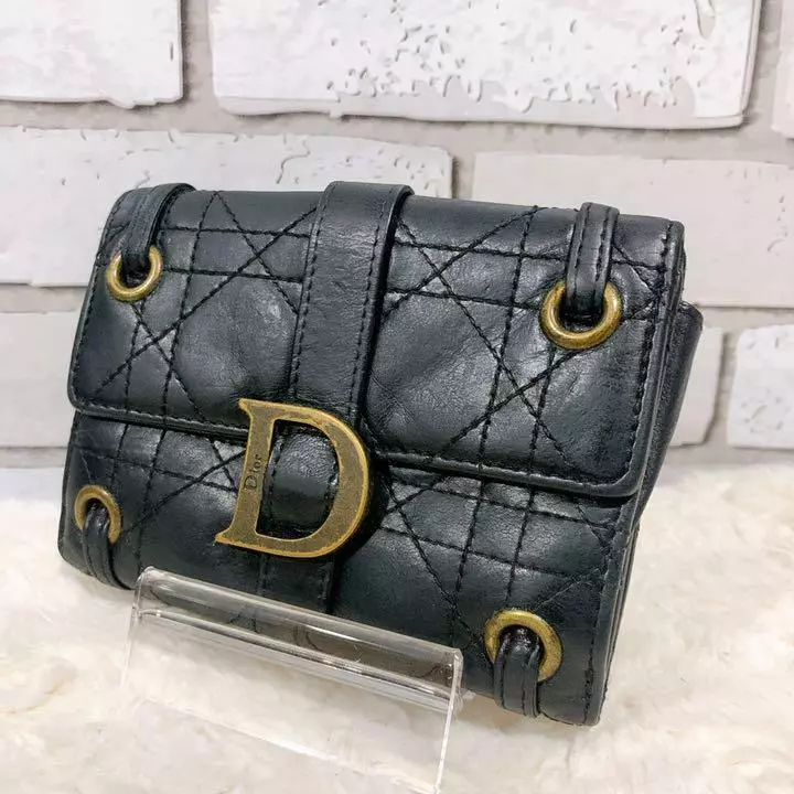 Auth Christian Dior Purse #1811 Fold Wallet Trotter Black Leather