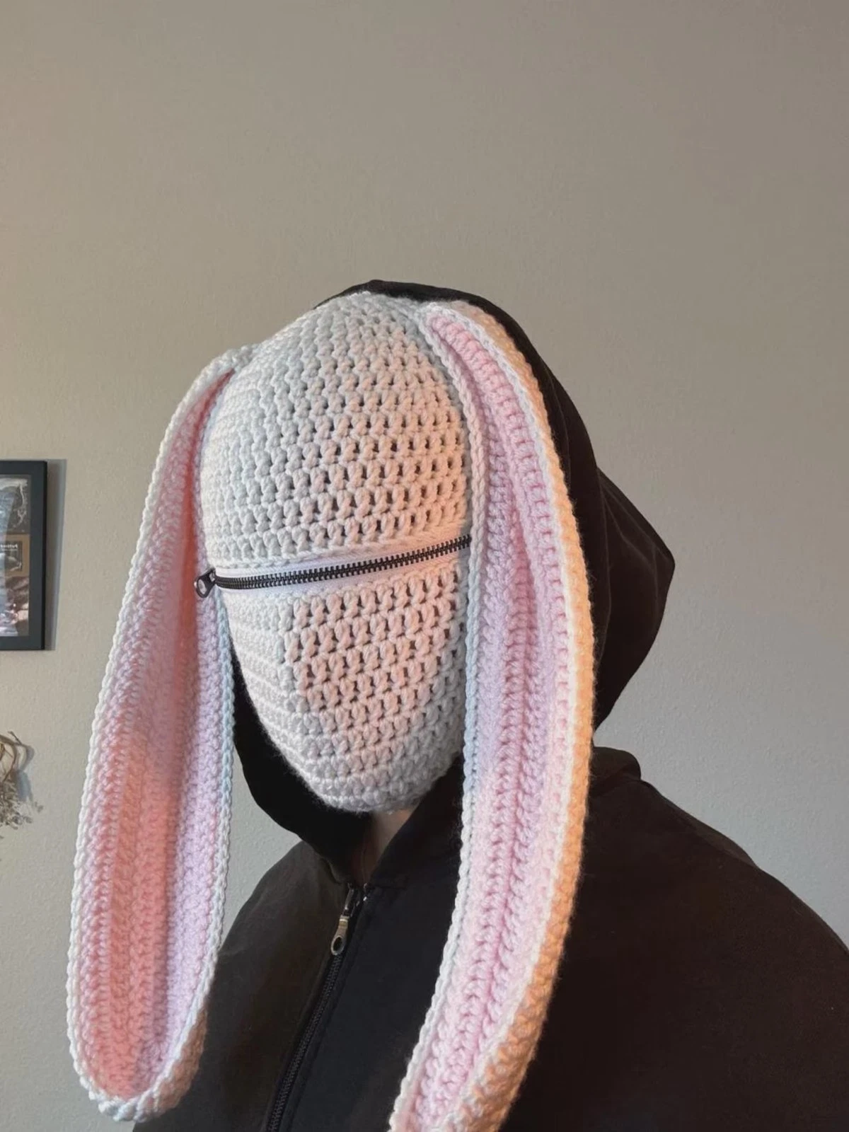 Crochet Bunny Mask with Zipper – Handmade Rabbit Balaclava, Festival Costume
