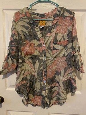 Ruby Rd. Women s XL Green/Pink/Black Floral V-Neck Button-Down Roll Tab Pockets