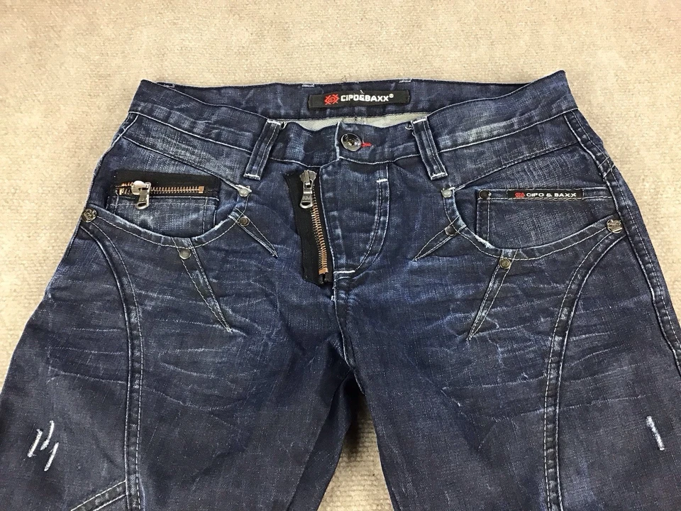 Pantalones de mezclilla Cipo & Baxx para hombre talla 31x32 (33"Wx29"L) azul oscuro lavado con ácido cremallera desgastada Foto 3 de 4