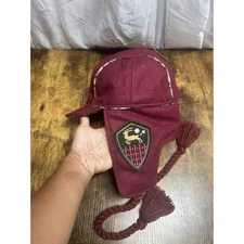 Woolrich Wool Trapper Hat Burgundy Plaid Lined Ear Flap Tassel Winter Cap OS