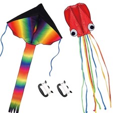 2 Pack Kites - Large Rainbow Kite and Red Mollusc Octopus with Large,