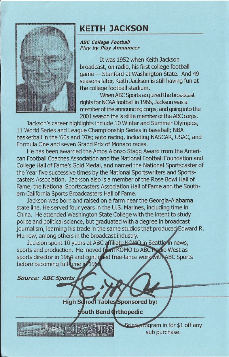 Keith Jackson ABC Sports / Olympic / College Football Announcer Signed Autograph