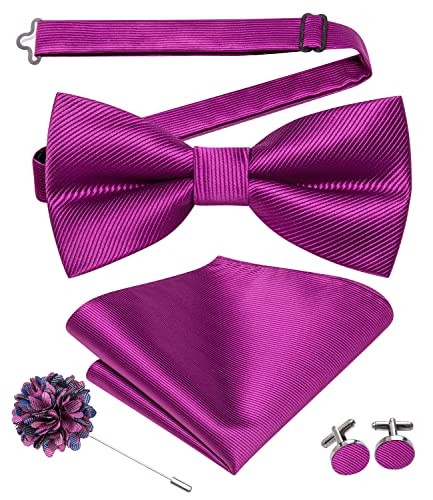 Elegant Purple Pre-Tied Bow Tie Set with Pocket Square & Cufflinks
