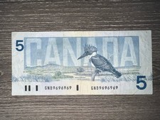 2 Digit Radar Repeater 1986 CANADIAN 5 DOLLAR BILL: GNB 9696969