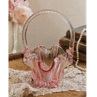 Fenton Pink Art Glass Decorative Basket Hand Blown Textured Handle Flowers Theme