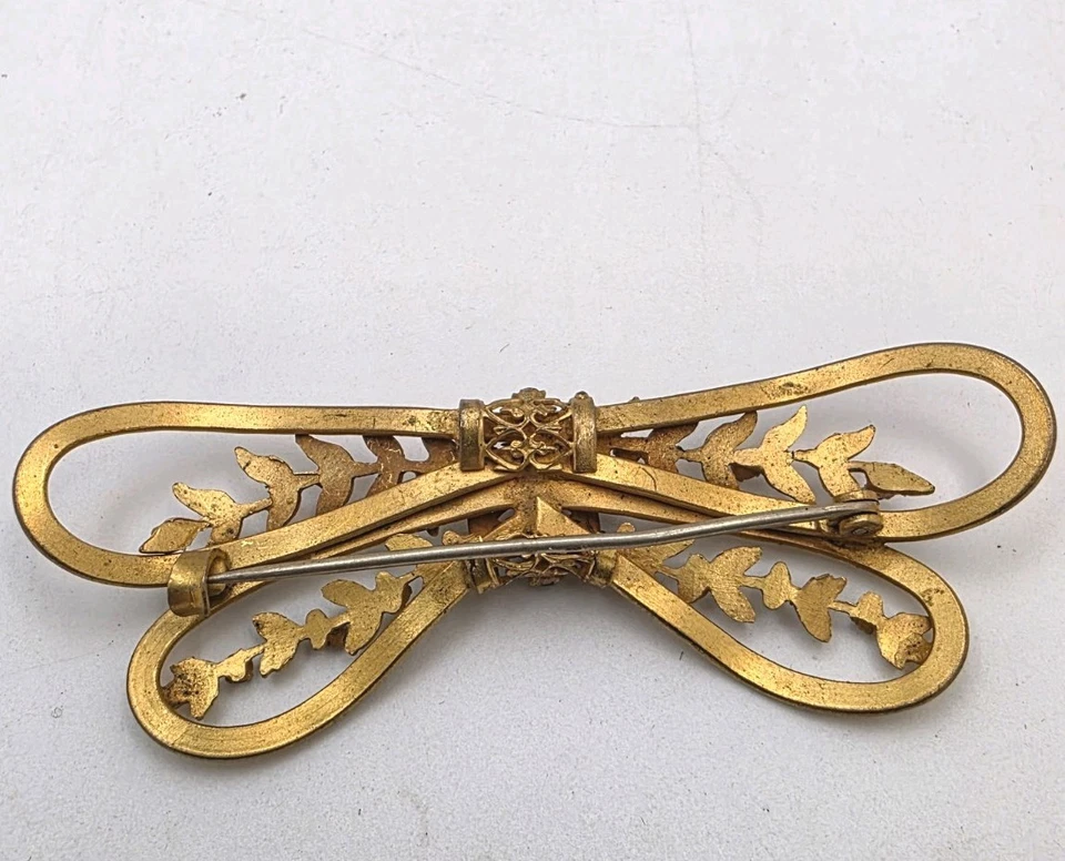 Vintage Victorian 10K Gold Filled Bow Brooch W/Grey Prong Set Crystals, C-Clasp - Image 3 of 3