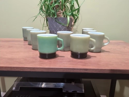 Vintage Set of 9 Avocado Green Anchor Hocking Fire-King Stackable Mugs