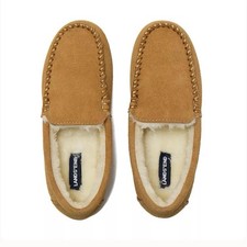 NWT Lands  End Women's Fuzzy Lined Suede Moccasin Slippers in Tan - 7