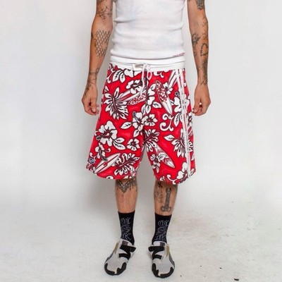 90s Hawaiian Board Shorts Red Hibiscus Floral Surf Baggy Drawstring Beach Medium