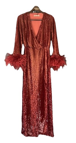 Zara Sequin Dress Boa Trim Small Glam Feathers Glitz Gown Sequins Wine Color