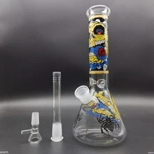 10'' Yellow Skull Graffiti Water Pipe Smoking Bong Heavy Glass Hookah Shisha