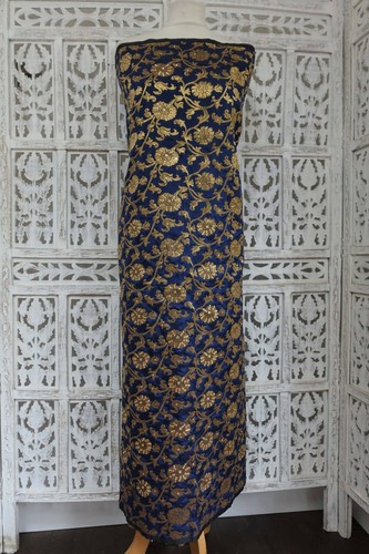 Navy blue banarsi brocade unstitched indian silk bollywood craft fabric SKU17424 - Picture 2 of 4