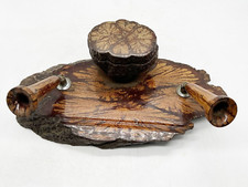VINTAGE / ANTIQUE WOODED WOOD CARVED TWO INKWELL INKWELLS DIP HOLDER