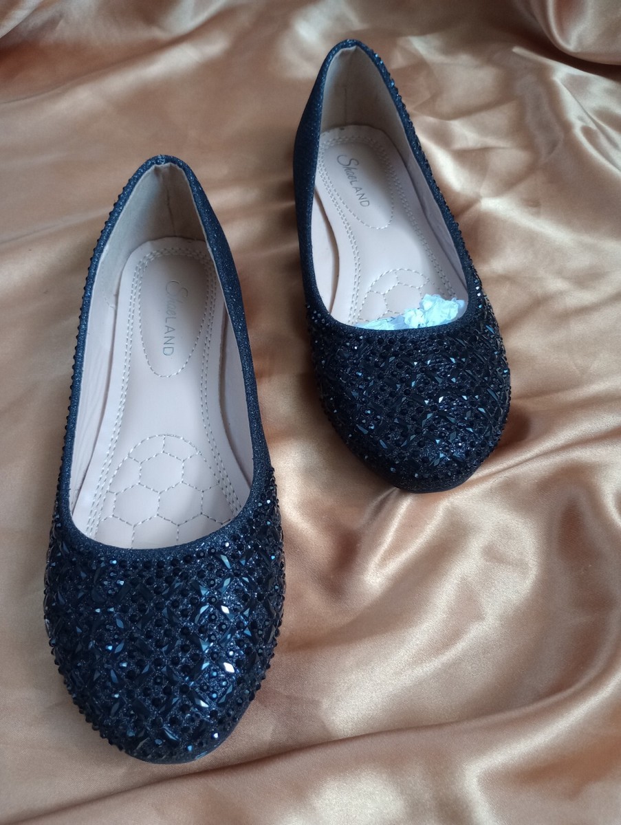 Shoe Land Women Black Rhinestone Dress Flats Size