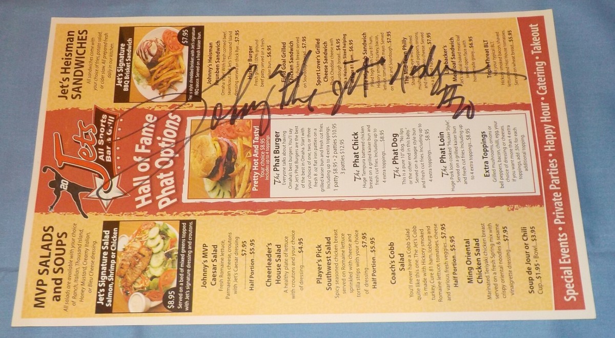 Nebraska Huskers Johnny Rodgers Signed Autographed Jets Bar Grill Menu Rare  JSA