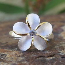 Hawaiian Silver Gold Single Plumeria Flower CZ Wedding Ring Band 15mm SR2045