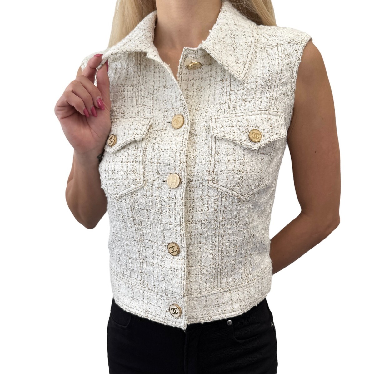 シャネル ジャケット CCマーク ポケット CHANEL Vintage 01P CC Mark Logo Sleeveless Vest Jacket #36