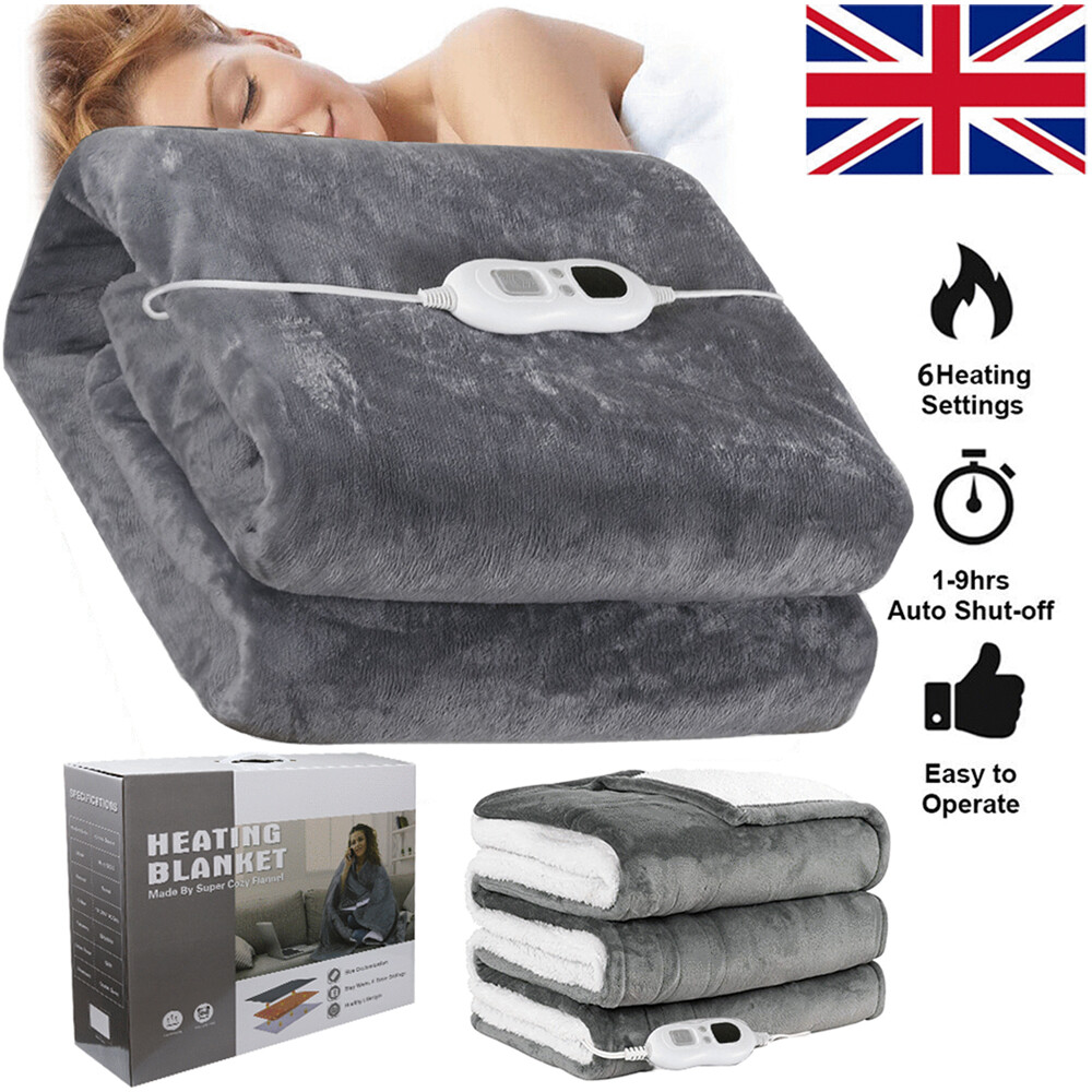 DELUXE LARGE GREY SOFT FLEECE DOUBLE ELECTRIC OVER BLANKET HEATED THROW