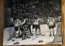 ROOKIE #23 TERRY O'REILLY WAYNE CASHMAN AUTOGRAPHED 16x20 FIGHT PHOTO VS LEAFS