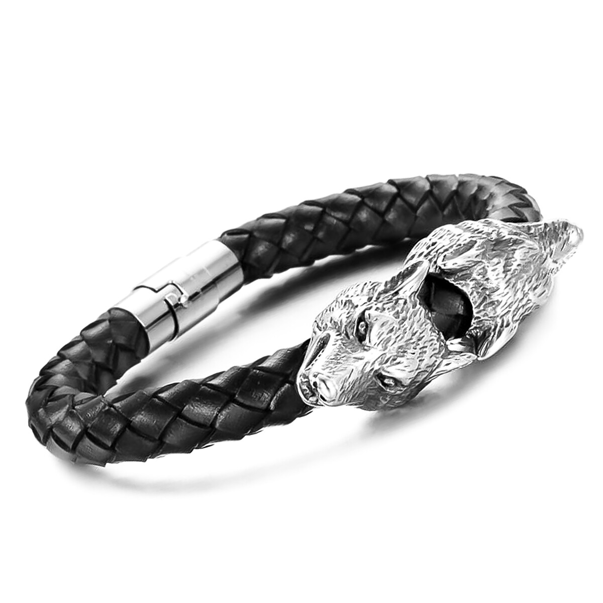 Echtleder-Armband Wolf Rindsleder geflochten schwarz Edelstahl Herren Damen 4690₽