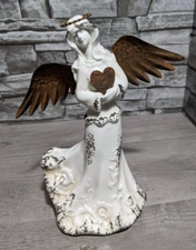 Vintage 10" Porcelain & Metal Angel Holding Heart Figurine Statue Christmas Deco