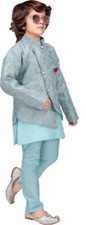 Boys Festive  Party Kurta, Waistcoat and Pyjama Set Light Blue Pack of 1 